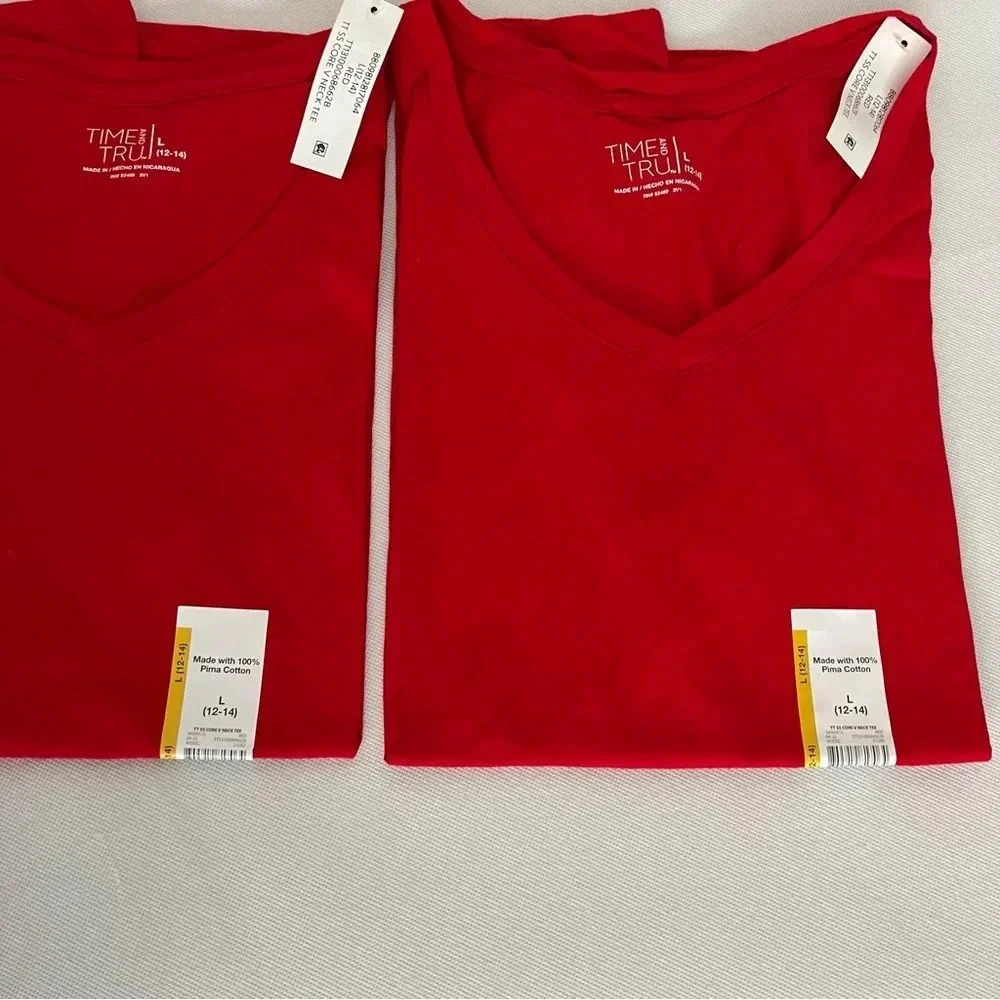 Lot of 2 T-Shirt Pima Cotton V-Neck Size Large (12-14) Red Relaxed Fit New - Picture 2 of 6